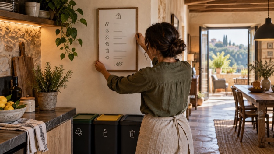 Regole dove servono: Un foglio leggibile vicino ai contenitori rende chiara l’azione nel momento giusto.