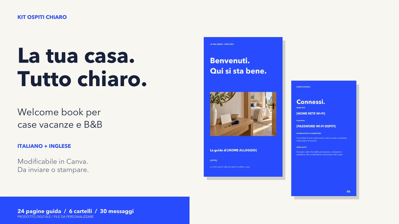 Anteprima del Kit Ospiti Chiaro. Fotografia dimostrativa generata con AI; i campi vanno personalizzati.