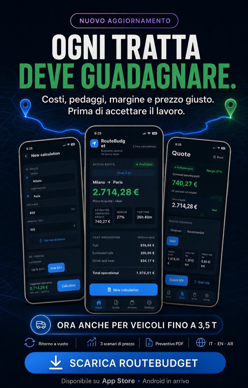 RouteBudget mostra costi, margine e preventivo di una tratta camion